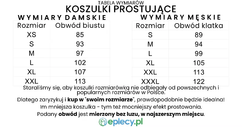 tabela rozmiarów koszulki prostującej eplecy.pl eplecy pl